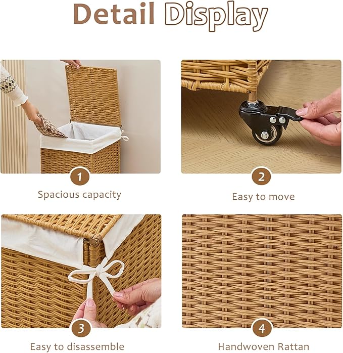 Handwoven Hamper with Lid, Laundry Basket with Wheels, Machine Washable Liner, Clothes Hamper for Bathroom Laundry Room Bedroom(Rattan, 78L)