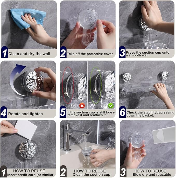 Suction Cup Shower Caddy, Corrugated Suction Cup Storage Holder, No Drilling Bathroom Organizer with 4 Removable Hooks, Shower Shelves for Inside, Clear