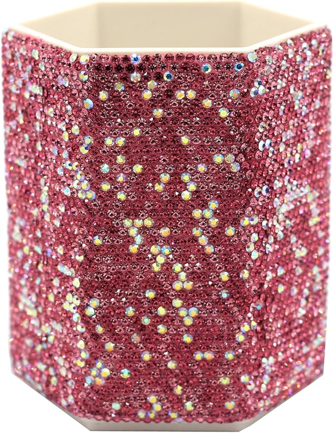 Luxury Crystal Rhinestone Pen Holder Makeup Brush Organizer - Sparkling and Fashionable Desk Organizer for Bling Lovers (Pink)