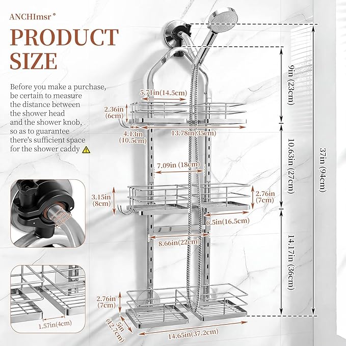 Adjustable Hanging Shower Caddy for Handheld Showerhead, 3-Tier Rustproof Shower Rack Baskets, Anti-Swing Hanging Shower Organizer for Bathroom Storage with 2 S-Hooks, Large Capacity, Silver