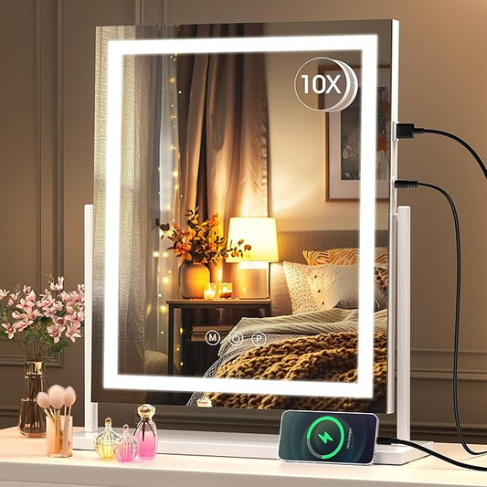 Hasipu Vanity Mirror with Lights, 35 x 45cm LED Tabletop Makeup Mirror for Desk, LSmart Touch 3 Color Modes and Brightness Adjustment, 10X Magnifying Glass,360° Rotation, White