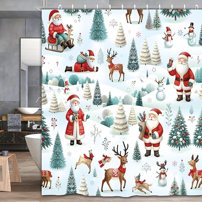 Christmas Shower Curtain，Santa Claus Castle Reindeer Shower Curtain，Winter Pattern Holoday Shower Bathroom Decor For Bathroom ，72x72 Inch Waterproof Polyester Insulated Home Decor Set With Hooks