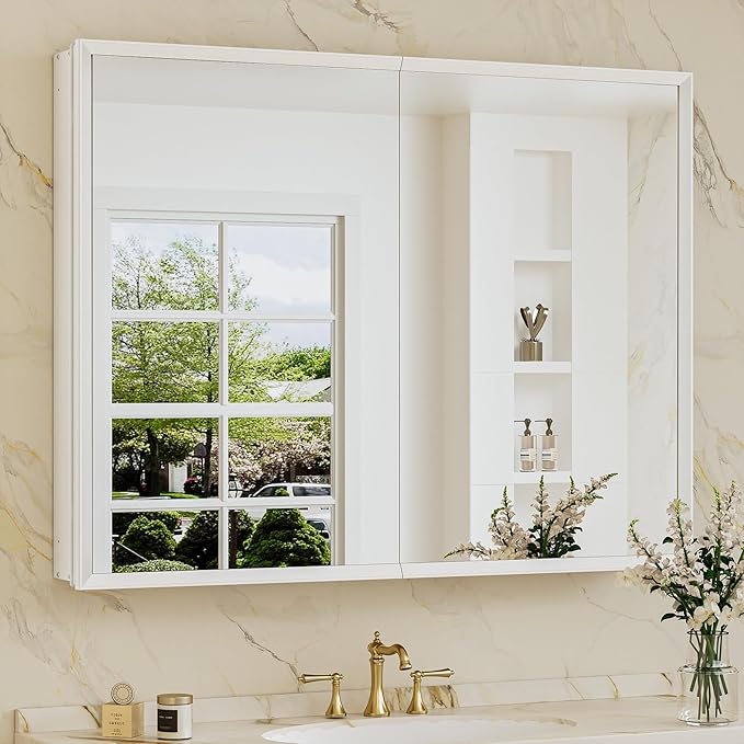 TokeShimi 40 x 32 White Recessed Medicine Cabinet with Mirror, Assembly Required, Bathroom Medicine Cabinet with Mirror, Stepless Adjustable Shelves, Beveled Aluminum Frame, DTC Hinge
