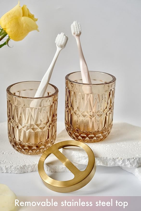 LaMarriti Brown Bathroom Accessories Set, 5Pcs Glass Bathroom Set, Lotion Soap Dispenser, Toothbrush Holder, Soap Dish, Qtips Holder, Tumbler for Crystal Vintage Bathroom Decor, Gift Set