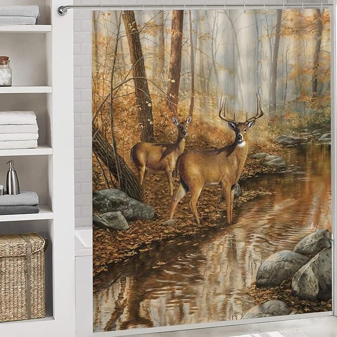 Rustic Cabin Wildlife Deer 4 Piece Shower Curtain Sets, Non-Slip Rugs, Toilet Lid Cover and Bath Mat, Durable and Waterproof, for Bathroom Decor Set One Size