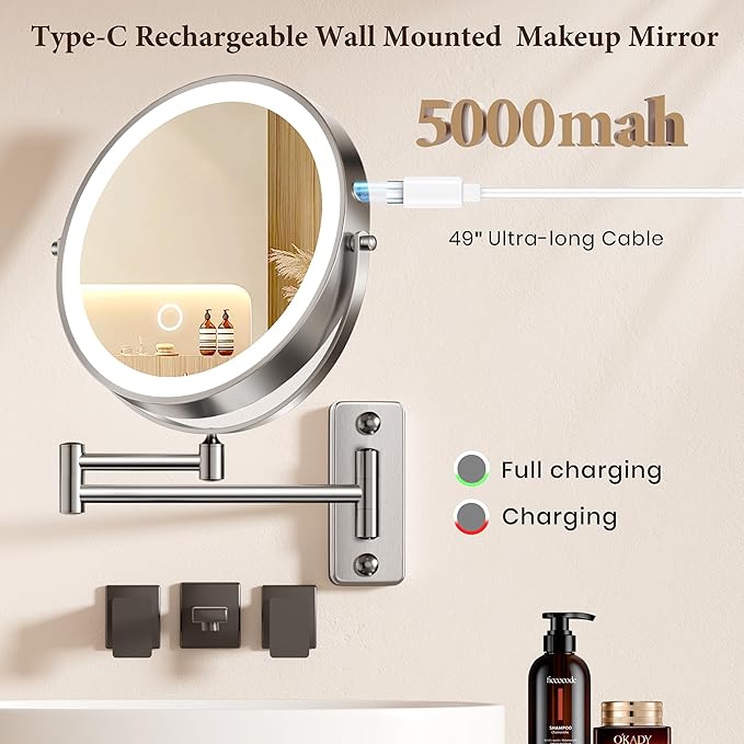 9" Large Wall Mounted Lighted Makeup Mirror, 5000mAh Rechargeable 1X/15X Magnifying Mirror with 3 Color Lights Touch Dimmable, Extended Arm 360° Rotation Bathroom Wall Mounted Makeup Mirror, Nickel