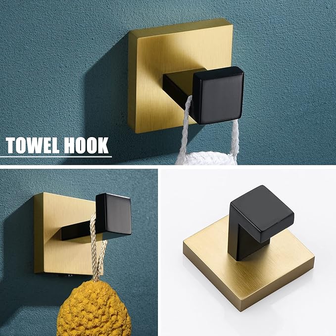 YACVCL 5 Pieces Bathroom Hardware Set, Black and Gold Towel Bar Set, 23.6 inch Towel Bar Hand Towel Holder Wall Mounted Stainless Steel