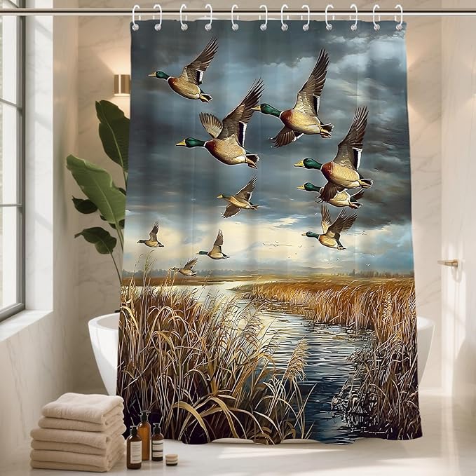 Rustic Wild Ducks Hunting FlyingBathroom Sets with Shower Curtain and 20 x 31 Rugs Bathroom Accessories Sets Decor with Bath Rug, Bath Mat, U-Shaped Contour and Hooks 72 x 72 Inch Brown and Teal