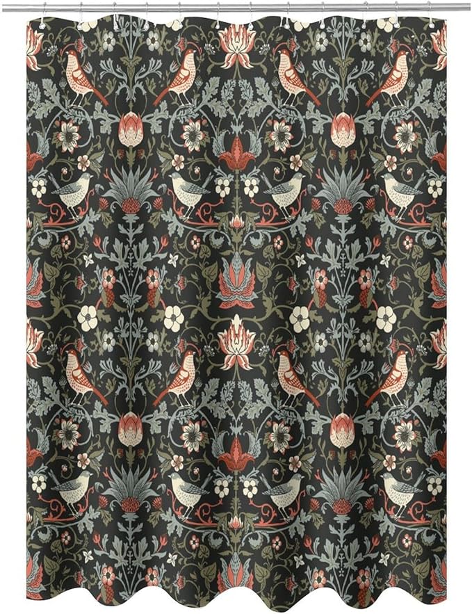 Boho Shower Curtain William Morris Art Print Retro Bird Plant Natural Flower Pattern Print Shower Curtains 66""×72"" Inch, Style-2