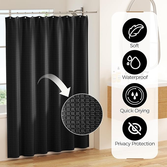 Bathroom Accessories Set - Black Bathroom Set with Shower Curtain and Rugs, Trash Can, Toilet Brush with Holder, Soap Dispenser, Toothbrush and Toothpaste Holder, Cup, Soap Dish, Qtip Holders, Hooks