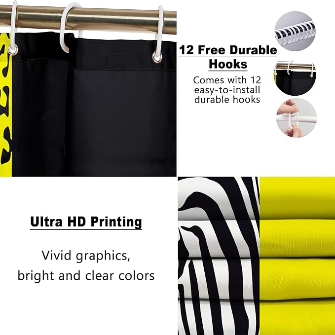Poedist 4 Pcs Bathroom Shower Curtain Set, Yellow Print Bright Style Shower Curtain Sets with Rugs (Bath Mat, U Shape and Toilet Lid Cover Mat) and 12 Hooks
