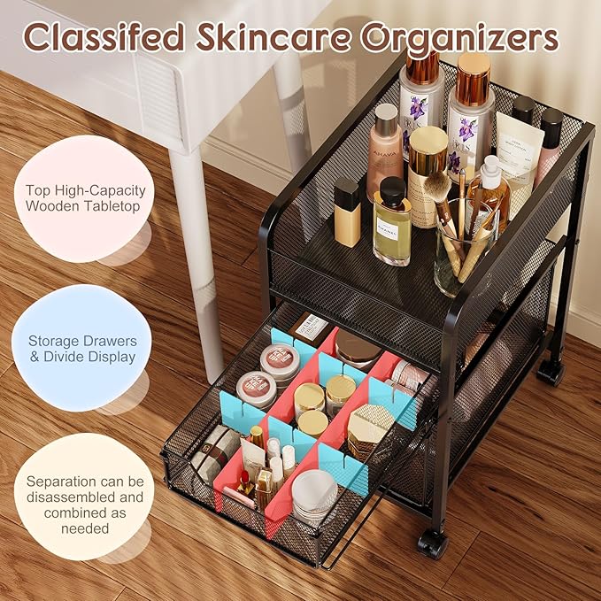 Rolling Makeup Cart Organizer with 2 Drawers, Narrow Floor Skincare Organizers, Vanity Organizer Cosmetics Display Cases Holder for Skin Care Nail Polish Perfume Makeup Brush, Black