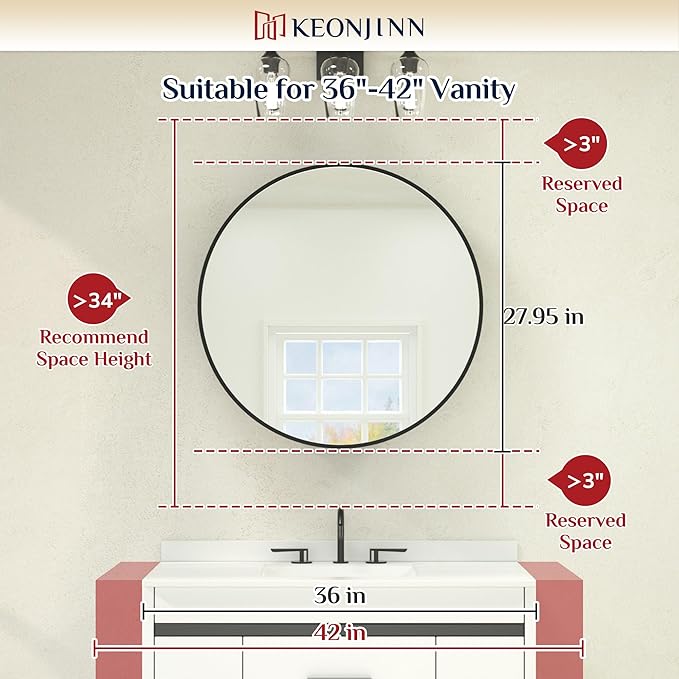 Keonjinn 28 Inch Round Lighted Medicine Cabinet, Black LED Medicine Cabinet Mirror, Circle, Electrical Outlet, 3 Color Lights, Anti-Fog, Dimmable, Surface Mount Only