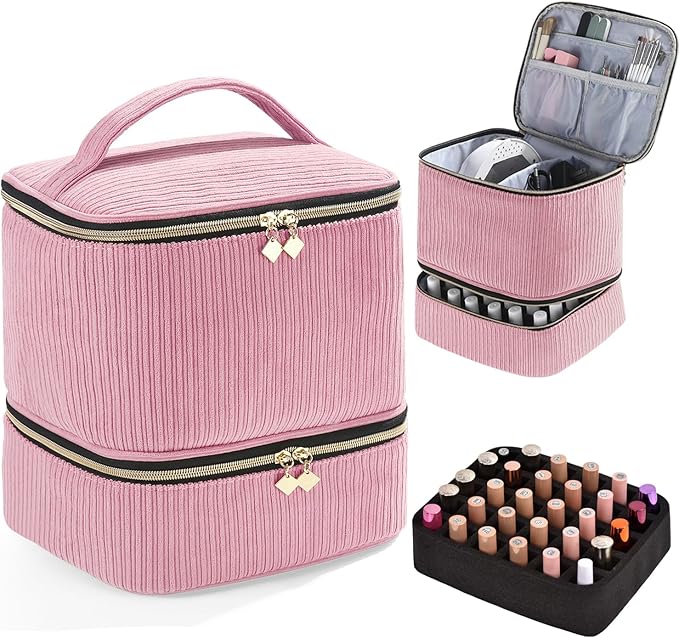 Corduroy Nail Polish Organizer and Nail Lamp Case, Nail Kit Organizer Holds 30 Bottles (15ml - 0.5 fl.oz) and a Nail Lamp, Nail Polish Carrying Case with Manicure Tools Storage Sections (Pink)