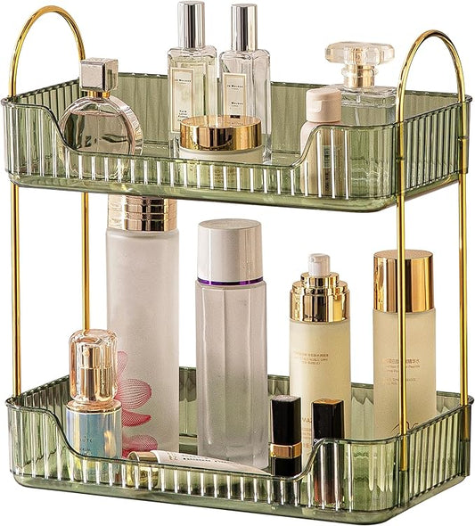CESTATIVO Bathroom Organizer Countertop, Vanity Trays for Bathroom, Skincare Makeup Shelf, Organizer, Counter Shelf Cosmetics, Toiletries, Lotions, Perfumes (2 Tiers, Green)