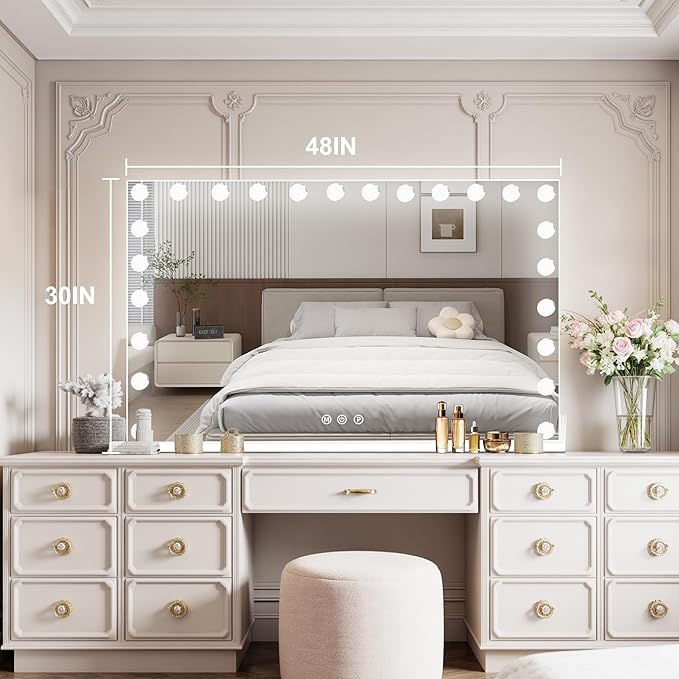 Moonee Vanity Mirror with Lights, Hollywood Lighted Makeup Mirror with 24 Dimmable Bulbs and 10X Magnification, 3 Colors Modes, Aluminum Metal Frame, Light Up Mirror for Tabletop/Wall（48" x 30"）