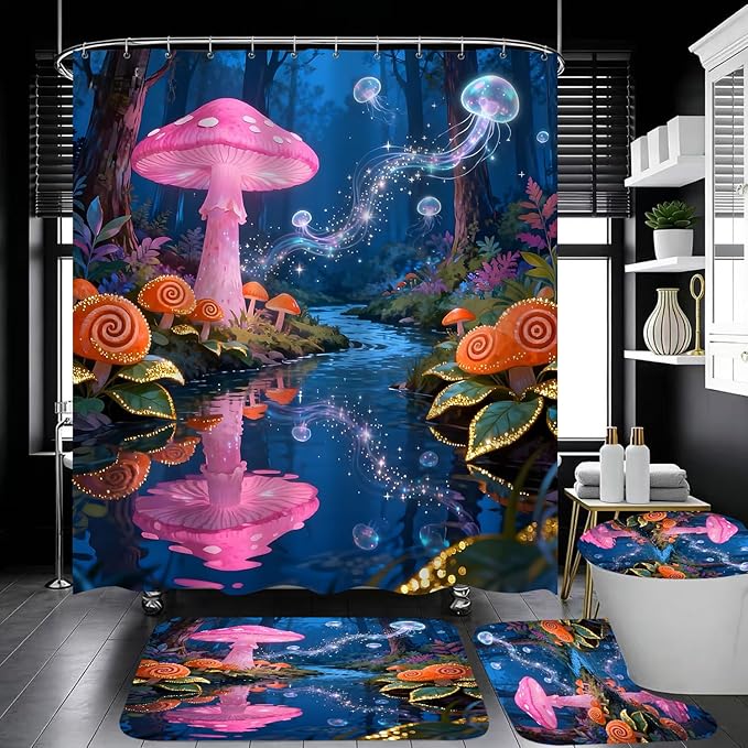 jieprom 4 Piece Blue and Pink Shower Curtain Set with Rugs, Magical Mushroom & Glowing Jellyfish Art, Surreal Forest Aesthetic Bathroom Decor, Waterproof Fabric with Non-Slip Mats & Toilet Lid Cover