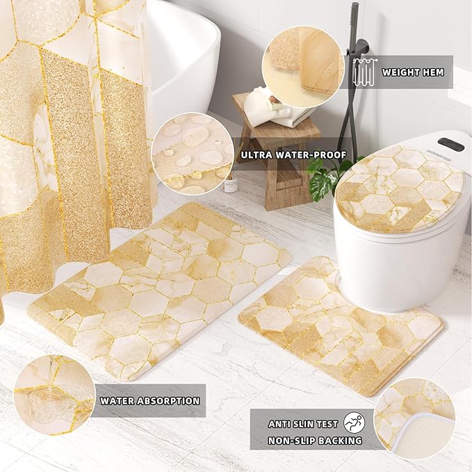XLHOMO Bathroom Sets with Shower Curtain and Rugs - 4PC Beige Geometric Shower Curtain Set with 12 Hooks, Toilet Cover, U-Shaped Mat and Rugs Modern Abstract Bathroom Accessories for Bathroom