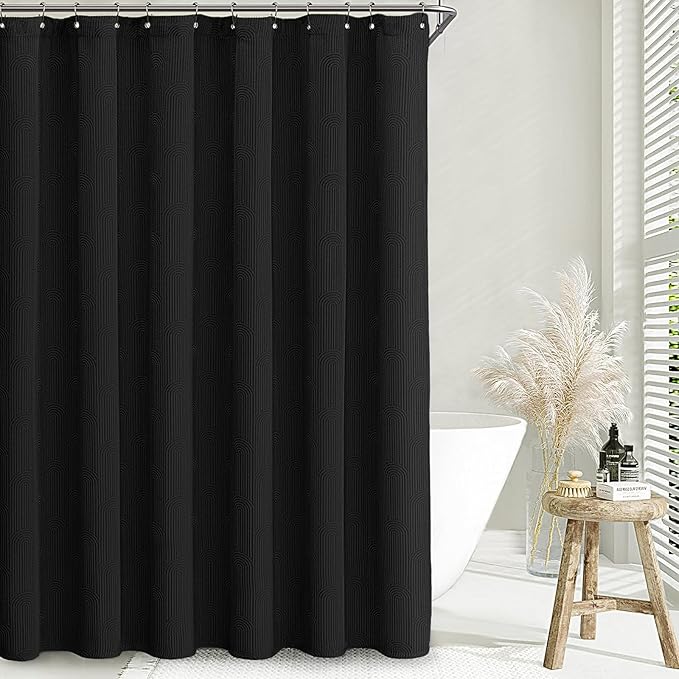 Black Shower Curtain Boho Cotton Texture Mid Century Minimalist Arch Shower Curtain for Bathroom,Ivory 72" W X 72" L