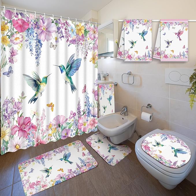 Nuanchu 6 Pcs Spring Shower Curtain Set with Rug Hummingbird Bathroom Sets with Shower Curtain Bath Mat U Shaped Mat Toilet Lid Cover 2 Bath Towels and 12 Hooks Hummingbird Flower Bathroom Decor