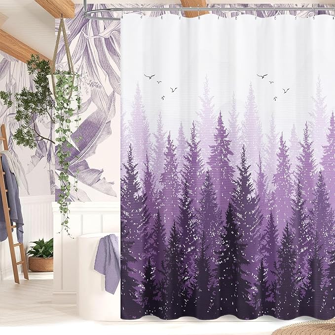 Hokibero Purple Misty Forest Mountain Nature Tree Fabric Shower Curtains for Bathroom Waterproof Heavy Duty Navy Blue and White Woohitedland Shower Curtain Bathtubs Hotel, 72 x 84 inch