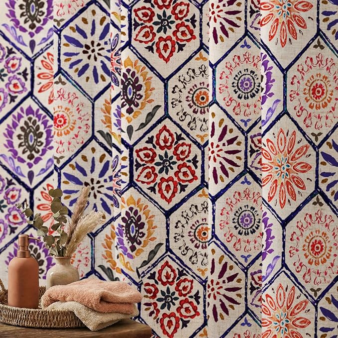 Boho Colorful Shower Curtain, Retro Bohemian Geometric Shower Curtain for Bathroom, Terracotta & Blue, 72 x 72
