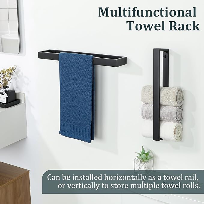Sayayo Matte Black Towel Bar for Bathroom, 16 Inch Hand Towel Holder Wall Mount, Screw or Self Adhesive Towel Ring Square SUS304 Stainless Steel, 3.2 Inch Wide
