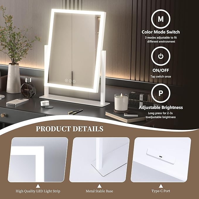 Acoolda Vanity Mirror with Lights,16.9"x 14" Lighted Makeup Mirror, Makeup Mirror with Lights,Three Color Lighting Modes, and 10X Magnification Mirror, Smart Touch Control, 360°Rotation White