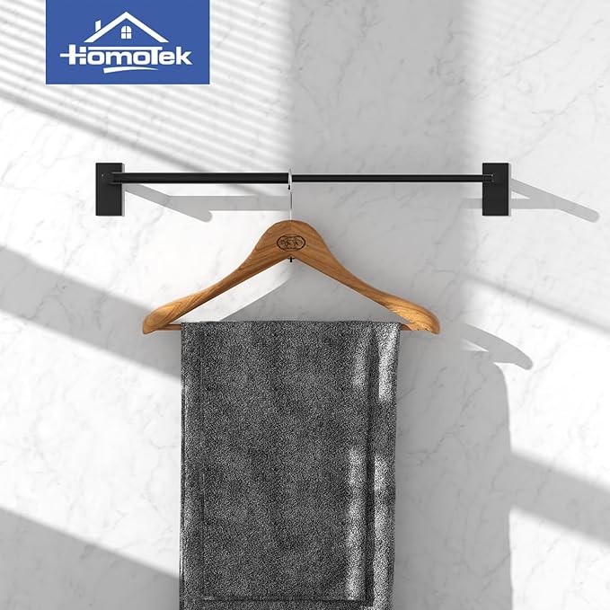 Adhesive Adjustable Towel Bar, HOMOTEK Economical Self Stick Towel Holders, Towel Rod Size from 12 Inch to 22 Inch Single Towel Racks, Towel Hanger Hook for Kitchen(1 Pack Matte Black)