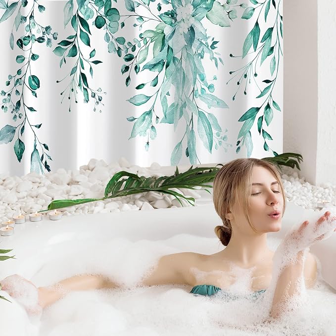 Gibelle Small Stall Shower Curtain 36 x 72, Narrow Teal Floral Shower Curtain for Bathroom, Watercolor Plant Eucalyptus Leaves Fabric Shower Curtain Set