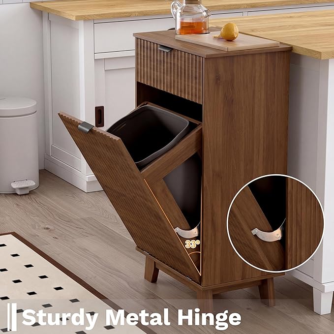 Double Tilt Out Laundry Hamper Cabinet, 20 Gallon Wooden Trash Can Cabinet with Storage Drawers, Hidden Fluted Garbage Can Holder for Kitchen, Living Room (Walnut Wood, 20.47"W x 35.83"H x 13"D)