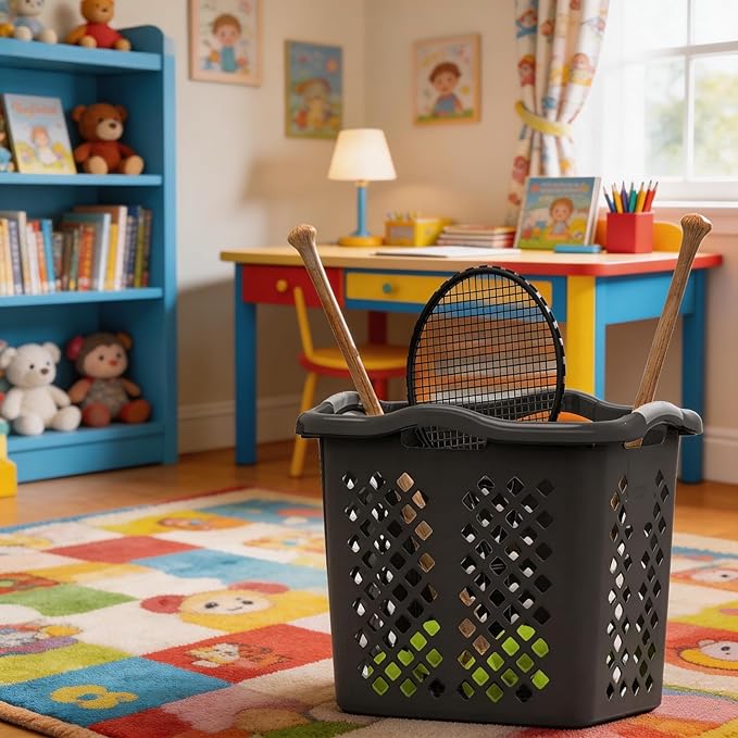 2 bushel laundry baskets with silver handles, black, 2-pack