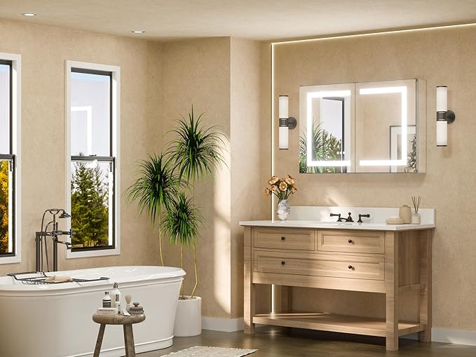TETOTE LED Lighted Bathroom Medicine Cabinet Mirror with Lights 36 x 24 Recessed or Wall Mounted Cabinet with 2 Door, Tempered Glass, Outlets & USB, 3-Color Stepless Dimming, Defog, Adjustable Shelf