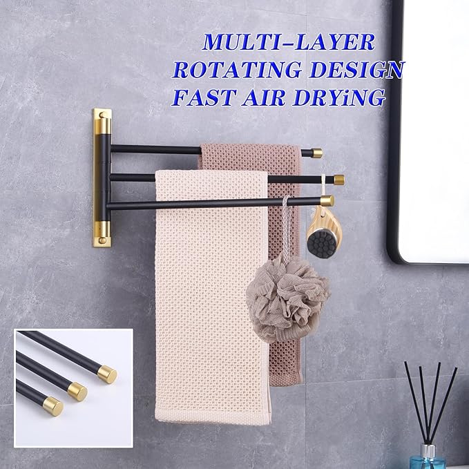 GERZWY SUS 304 Stainless Steel Bathroom Hand Towel Rack 3-Bar Folding Arm Swivel Hanger Bath Towel Holder Swing Out Towel Bar Wall Mount (Black & Gold) HYG03-BD
