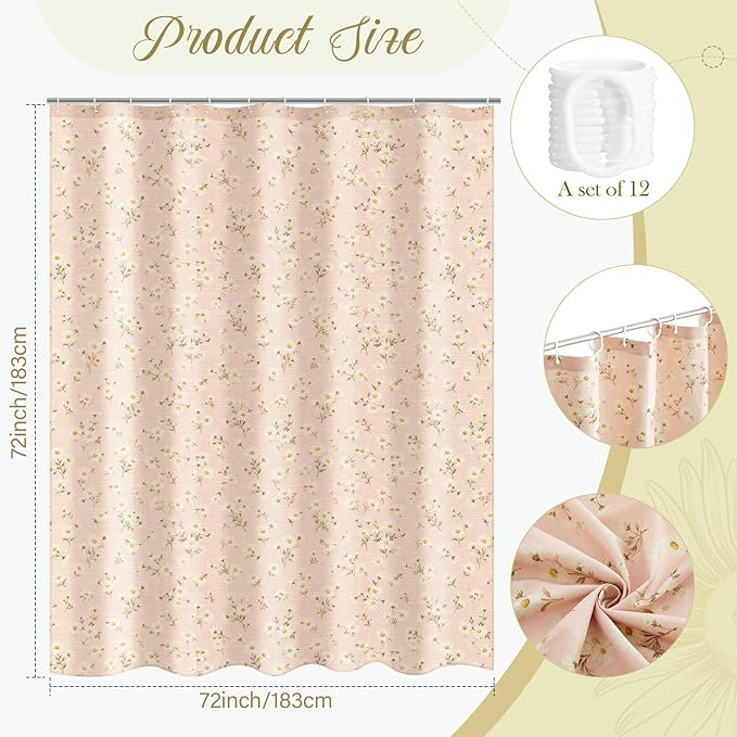 Boao Floral Shower Curtain Linen Farmhouse Cottagecore Spring Shower Curtain Boho Rustic Wildflowers Water Repellent for Bathroom Farmhouse 72" W x 72" L(Daisy Flower)