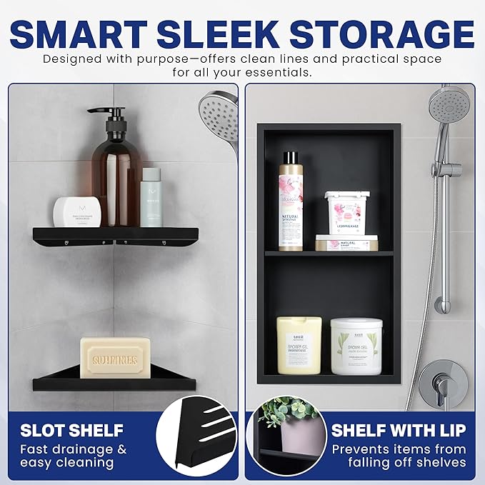 Stainless Steel Shower Niche No Tile Needed 24"x12" Inner Size (25.19"x13.19" Outside Size) Matte Black - Niche for Shower Wall - Bathroom Niches - Includes Corner Shelves Razor Holders and Wall Hooks