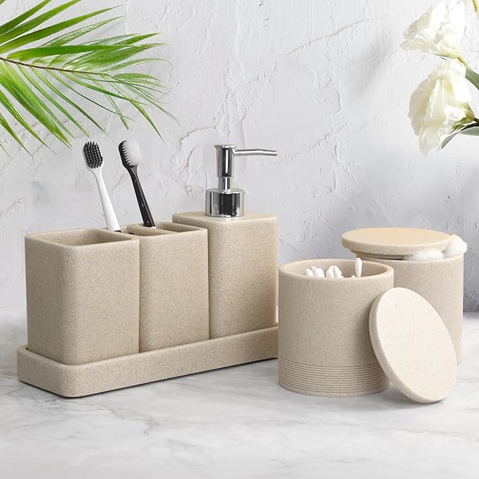 YMXYJM Bathroom Accessories Set, 6 Piece Bathroom Set with Toothbrush Holders, Soap Dispenser, Vanity Tray, Tumbler, Cotton Swab Jars, Bathroom Organizer，Bathroom Sink Sets, Stone Beige