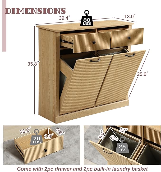 Double Tilt Out Laundry Hamper Cabinet, Modern Fluted Trash Can Cabinets with Drawer, Wooden 22 Gallon Hidden Garbage Cabinet with Storage Baskets for Kitchen Bathroom(Natural Oak, Full)