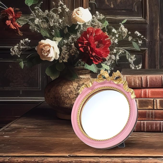 Xthrotsenk Small Desk Mirror 4.2'' Pink Vintage Makeup Wall Mirror Traditional Roundness Table Mirrors with Resin Frame Decorative Hanging Mirrors for Bedroom Bathroom Tabletop Wall