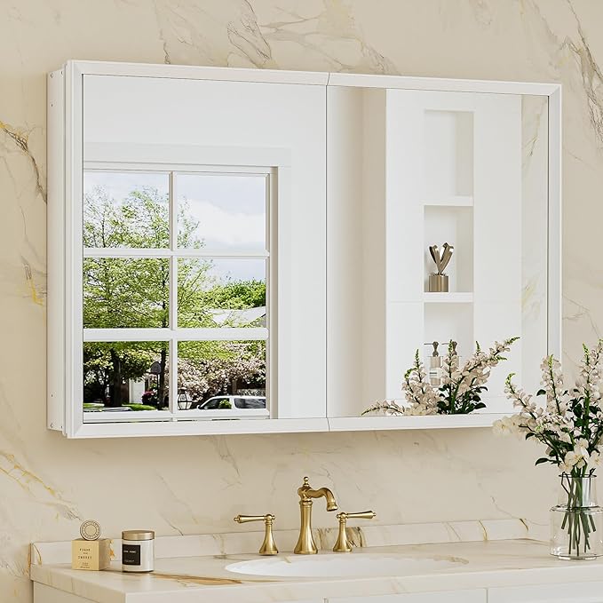TokeShimi 36 x 24 White Recessed Medicine Cabinet with Mirror, Assembly Required, Bathroom Medicine Cabinet with Mirror, Stepless Adjustable Shelves, Beveled Aluminum Frame, DTC Hinge