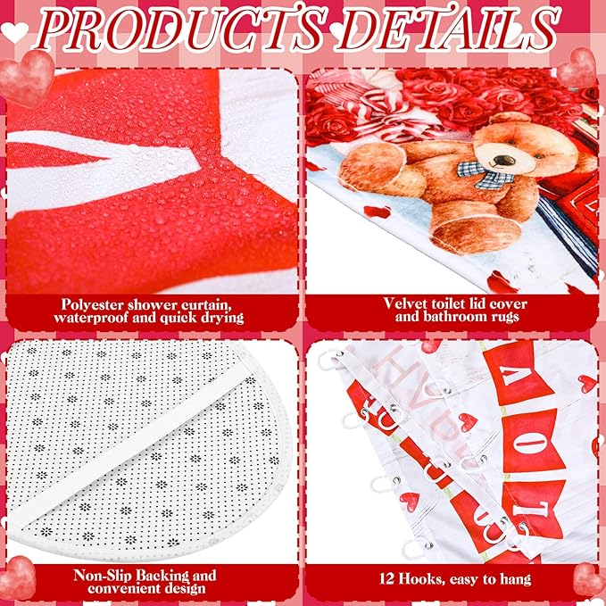 FuWeave 8 Pcs Valentines Shower Curtain Set Red Heart Sweet Love Romantic Bathroom Decor Valentines Day Gnome Waterproof Shower Curtain Towels Non Slip Rug Toilet Lid Cover Bath Mat with 12 Hooks