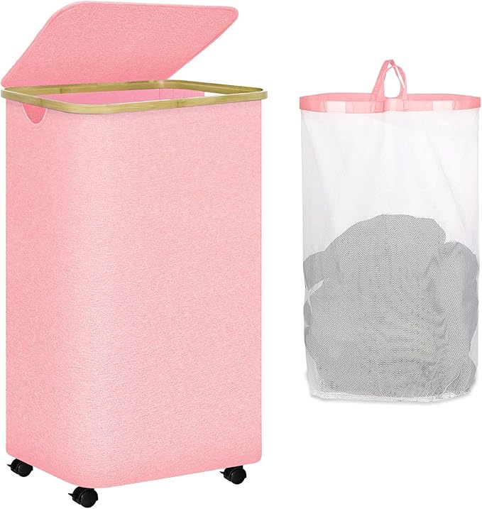 100L Pink Laundry Hamper on Wheels, Large Laundry Hamper with Wheels and Lid, Collapsible Storage Dirty Clothes Hamper with Removable Mesh Bag, Clothes Storage with Handles for Home