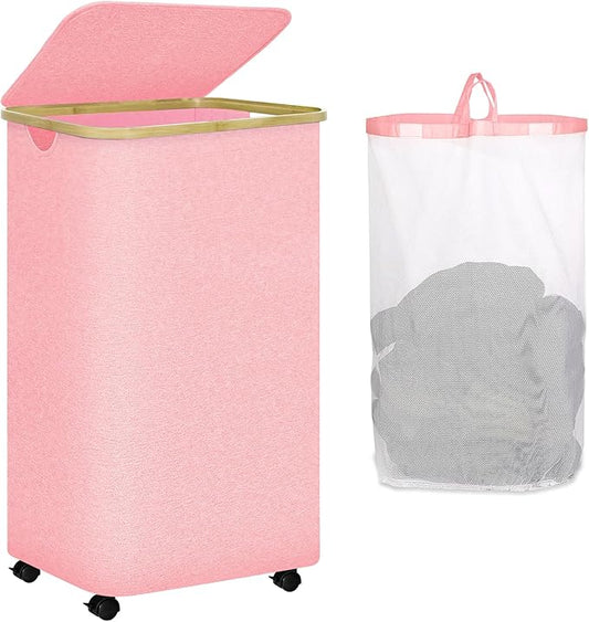 100L Pink Laundry Hamper on Wheels, Large Laundry Hamper with Wheels and Lid, Collapsible Storage Dirty Clothes Hamper with Removable Mesh Bag, Clothes Storage with Handles for Home
