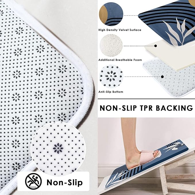 Boho Mid Century Shower Curtain Set with Toilet Lid Cover and Non-Slip Rugs, Abstract Geometric Blue Background 4 Pcs Modern Minimalist Vintage Shower Curtain for Bathroom Set with 12 Hooks