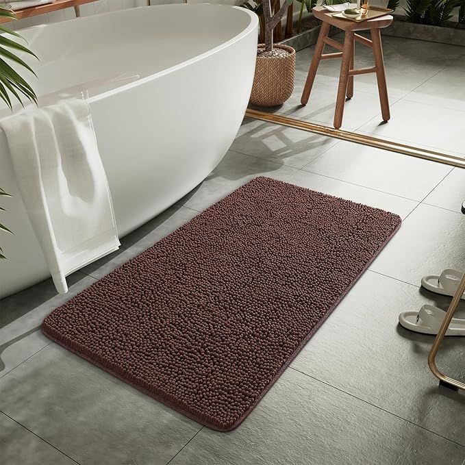 LOCHAS Luxury Bathroom Rug Shaggy Bath Mat 24 x 48 Inch, Washable Non Slip Bath Rugs for Bathroom Shower, Soft Plush Chenille Absorbent Carpets Mats, Brown