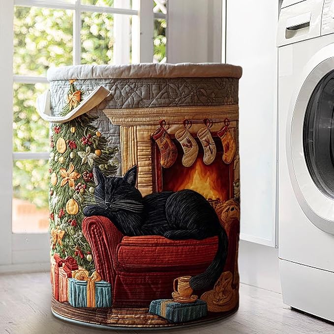 Cute Cat Quilted Laundry Basket with Handles, Boho Floral Fabric Quilted Laundry Basket, Large Soft Collapsible Storage Hamper for Nursery, Bedroom, Bathroom, Clothes & Toy Organization (#03)