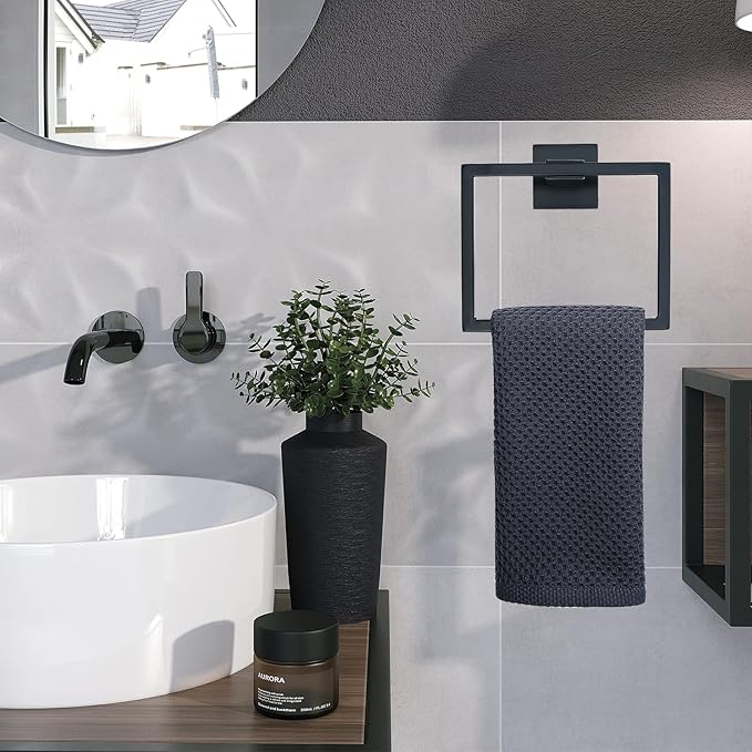 TNOMS Black Towel Ring Modern Square Hand Towel Bar,Towel Holder for Bathroom,Wall Mount Stainless Steel