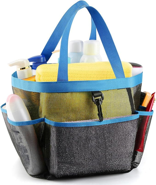 LOYEE Mesh Shower Caddy Portable for College Dorm Room Essentials with 8 Pockets, Shower Bag for Beach, Swimming, Gym, Travel, Bathroom(Blue)