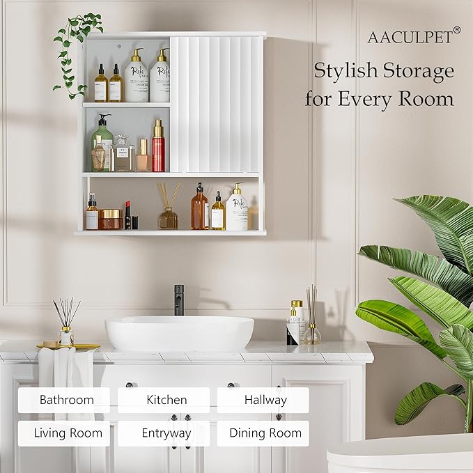 Fluted Bathroom Wall Cabinet with Sliding Door, 24" x 22" Upgraded All Painted Wood Medicine Cabinet with 3-Point Adjustable Shelf, Over Toilet Wall Mounted Cabinet Organizer for Bathroom