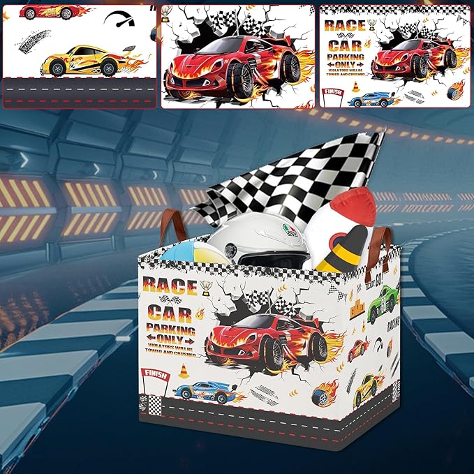 Race Car Toy Storage Basket, Collapsible Kids Laundry Hamper with Parking Sign, Car Themed Storage Organizer Bin for Boys Room, Nursery, Bathroom-36L Tire Toy Box